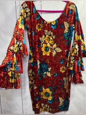 K + Glam Burnt Orange Floral Velvet Dress 1X Boho Bell Sleeve Whimsigoth Cottage